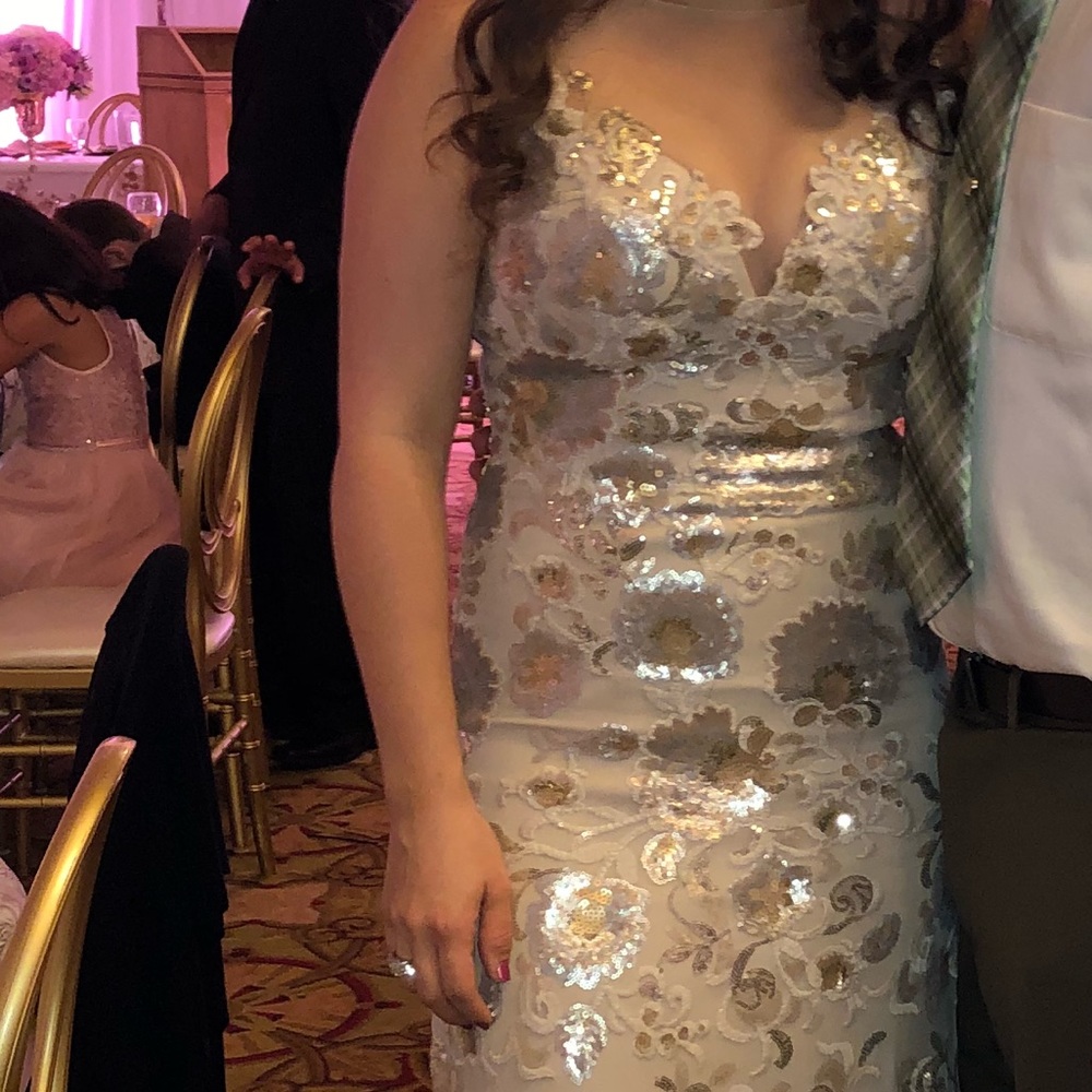 Jovani tan embellished mesh low back long dress